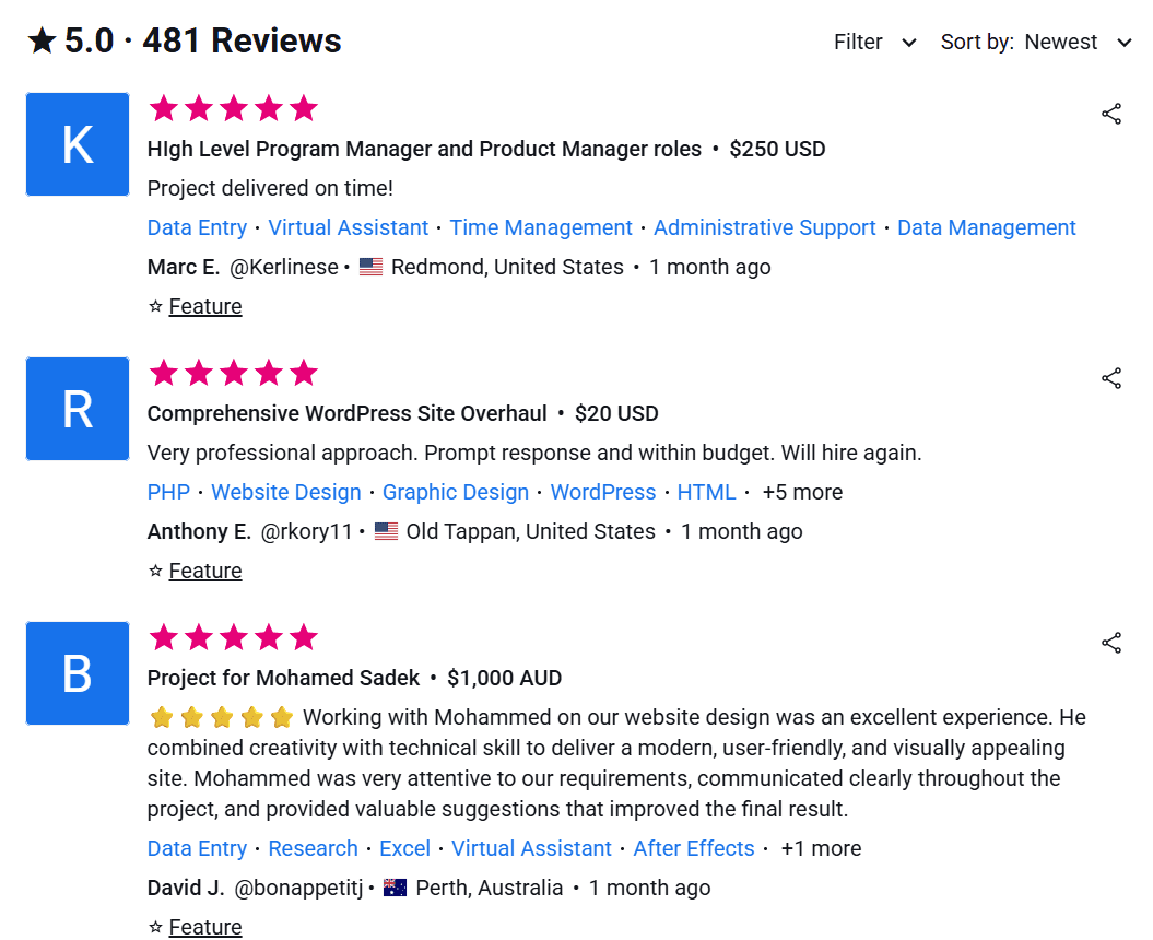 Client Reviews - 5 Star Testimonials from Freelancer.com