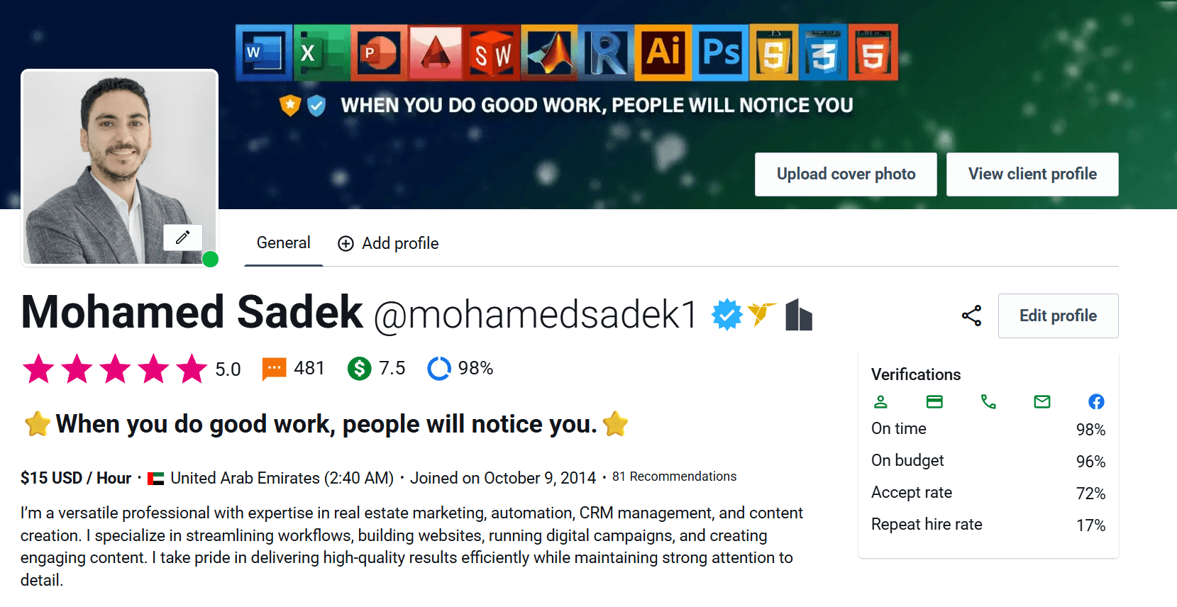 Mohamed Sadek Freelancer Profile - 5.0 Rating with 481 Reviews